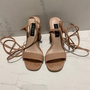 Aqua Nude Strappy Ankle Wrap Block Heel Sandals